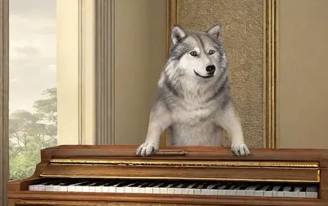Ein Wolf hinter einem Klavier
